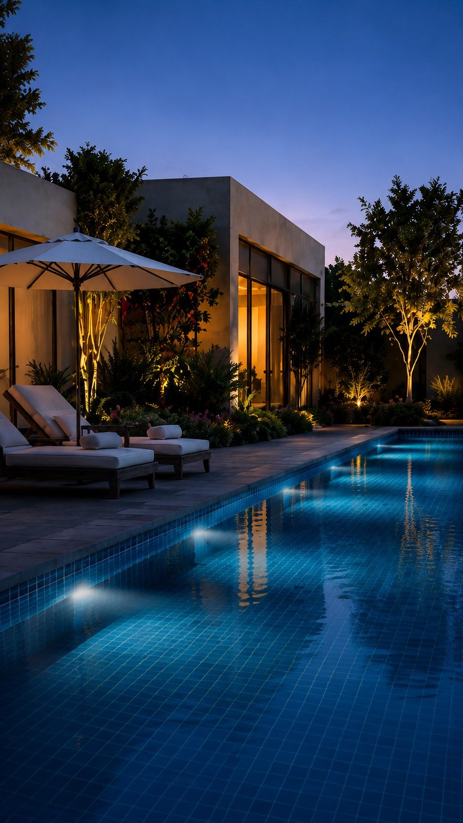 Lit private pool at a Bagicha farmhouse after dark
