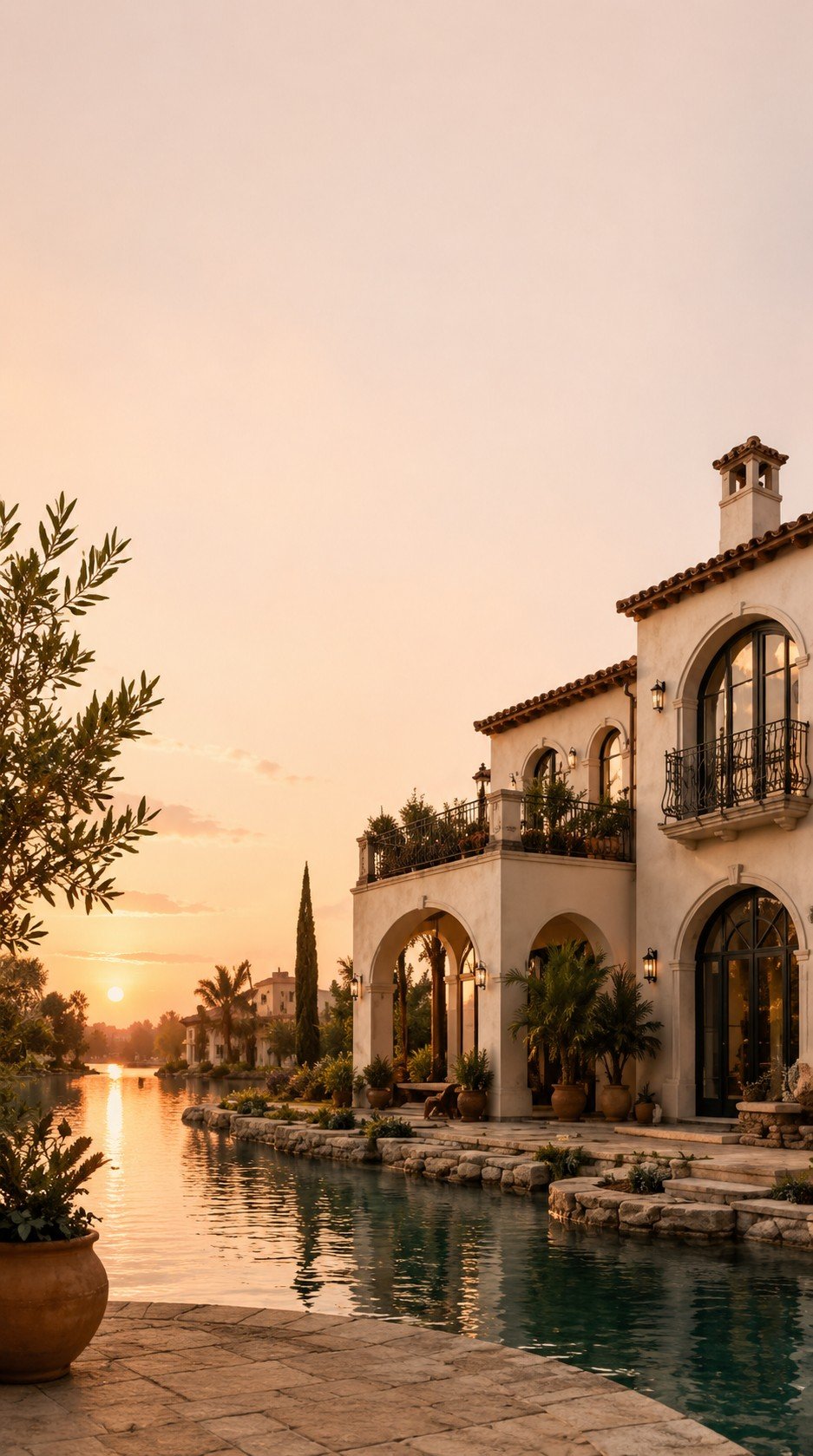 Portrait view of a canal-side Spanish farmhouse at dusk