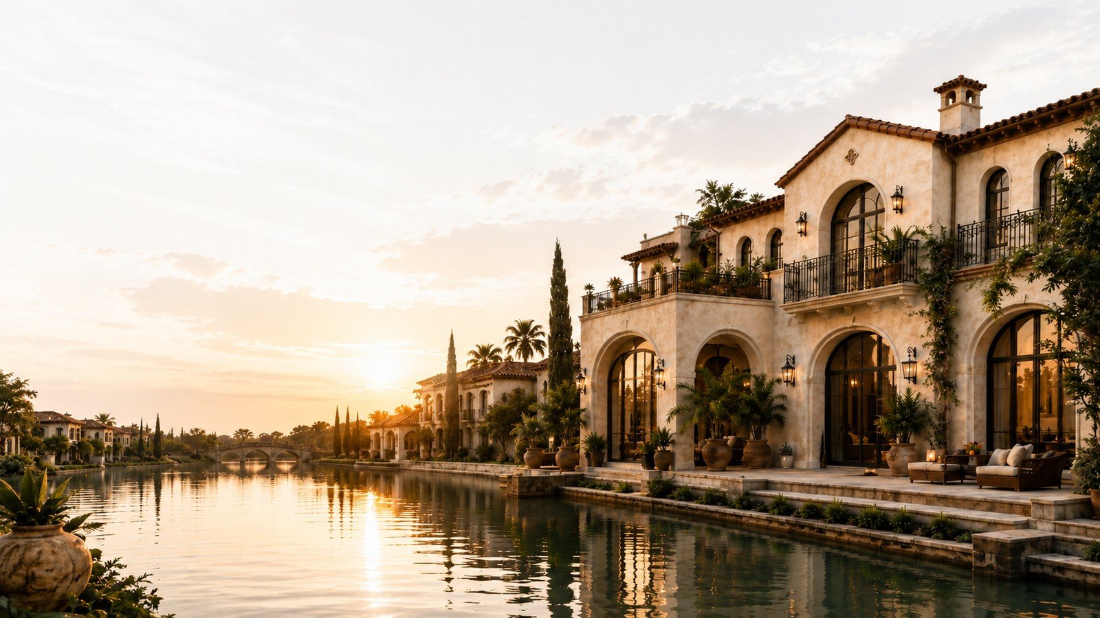 Row of canal-side Spanish farmhouses at sunset near Haridwar