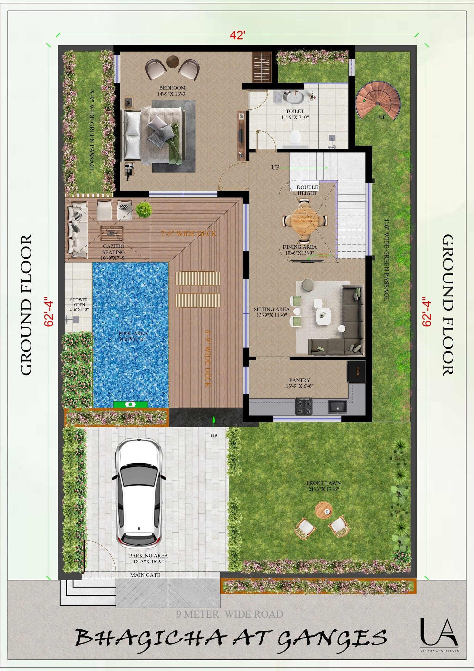 Dimensioned ground floor drawing of a Bagicha farmhouse with pool, gazebo and parking