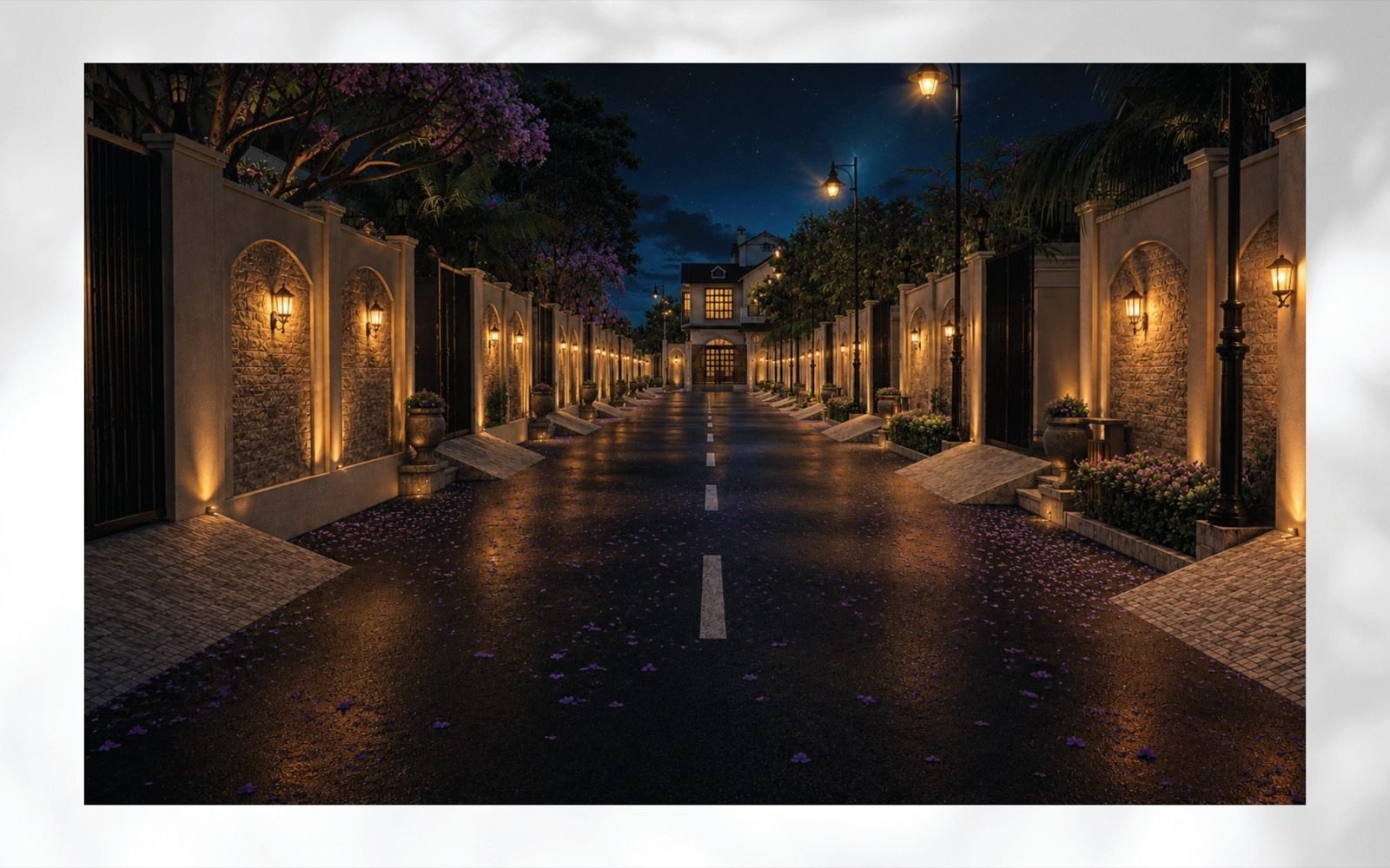 Street lighting along an internal avenue at night