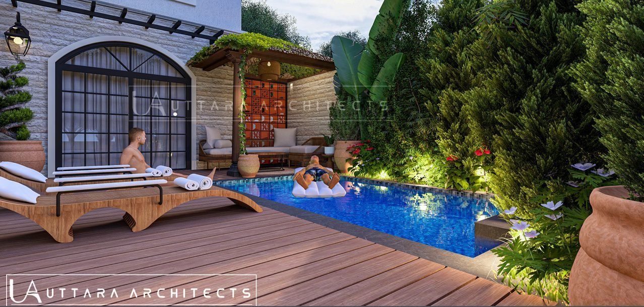 Private pool deck at a Spanish-inspired farmhouse