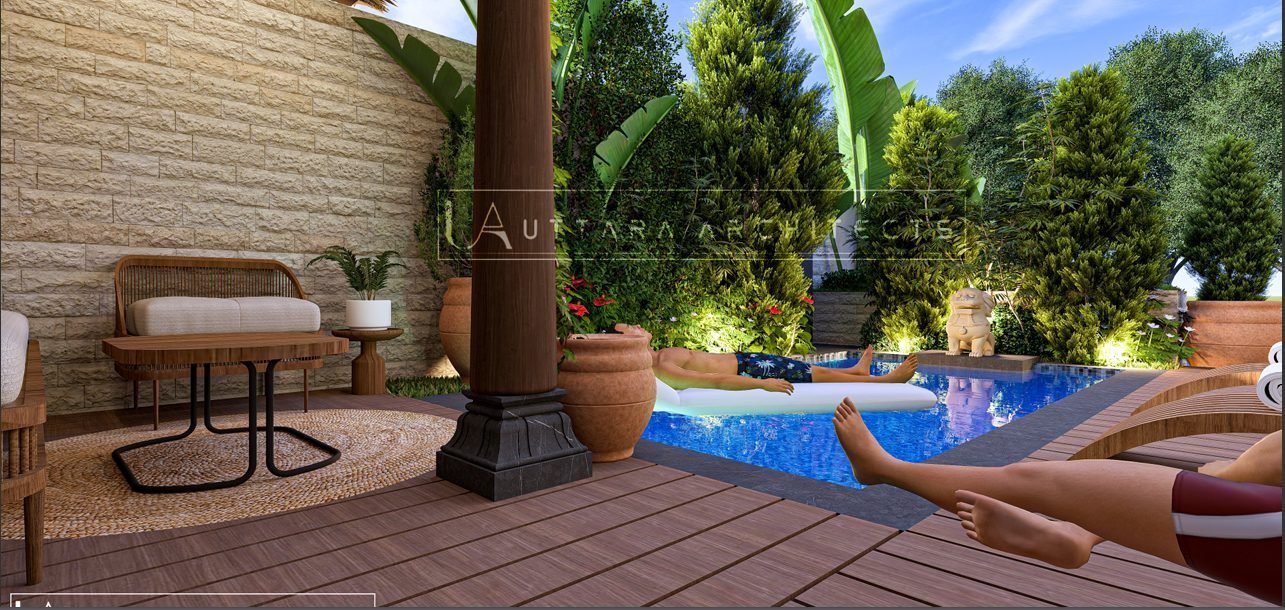 Covered lounge beside a private pool at a Bagicha farmhouse