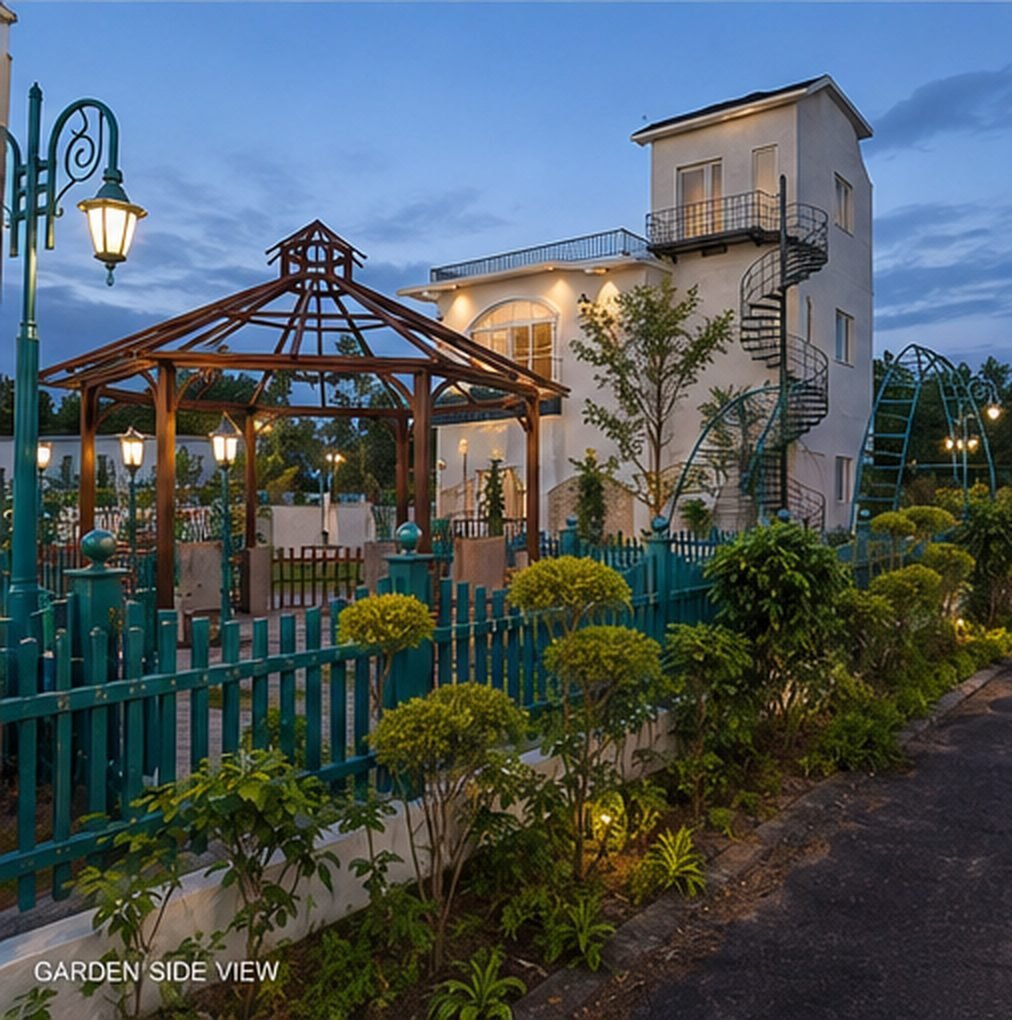 Garden-side view of a Spanish-inspired Bagicha farmhouse