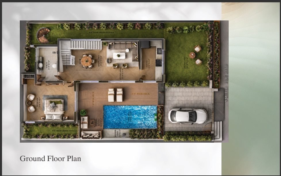 Ground floor plan of a Bagicha farmhouse with pool and parking