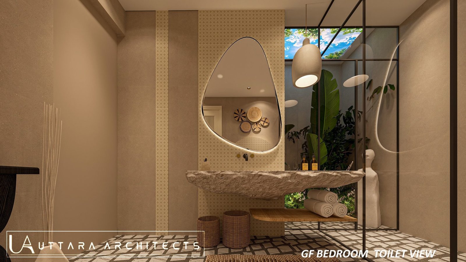 Ground-floor bathroom visualisation opening to a planted court at Bagicha at Ganges