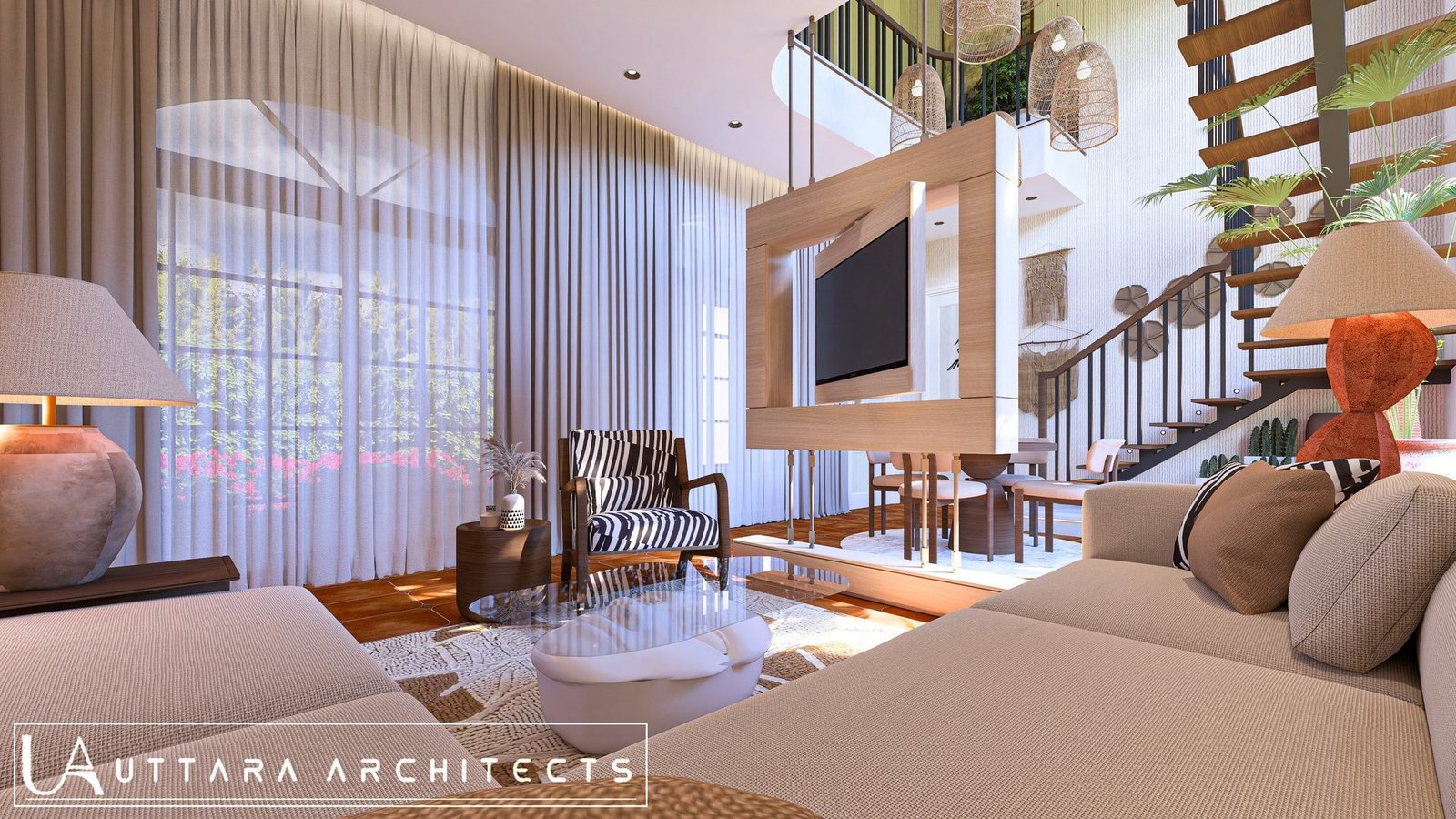 Double-height living room visualisation with stair and dining beyond, Bagicha at Ganges