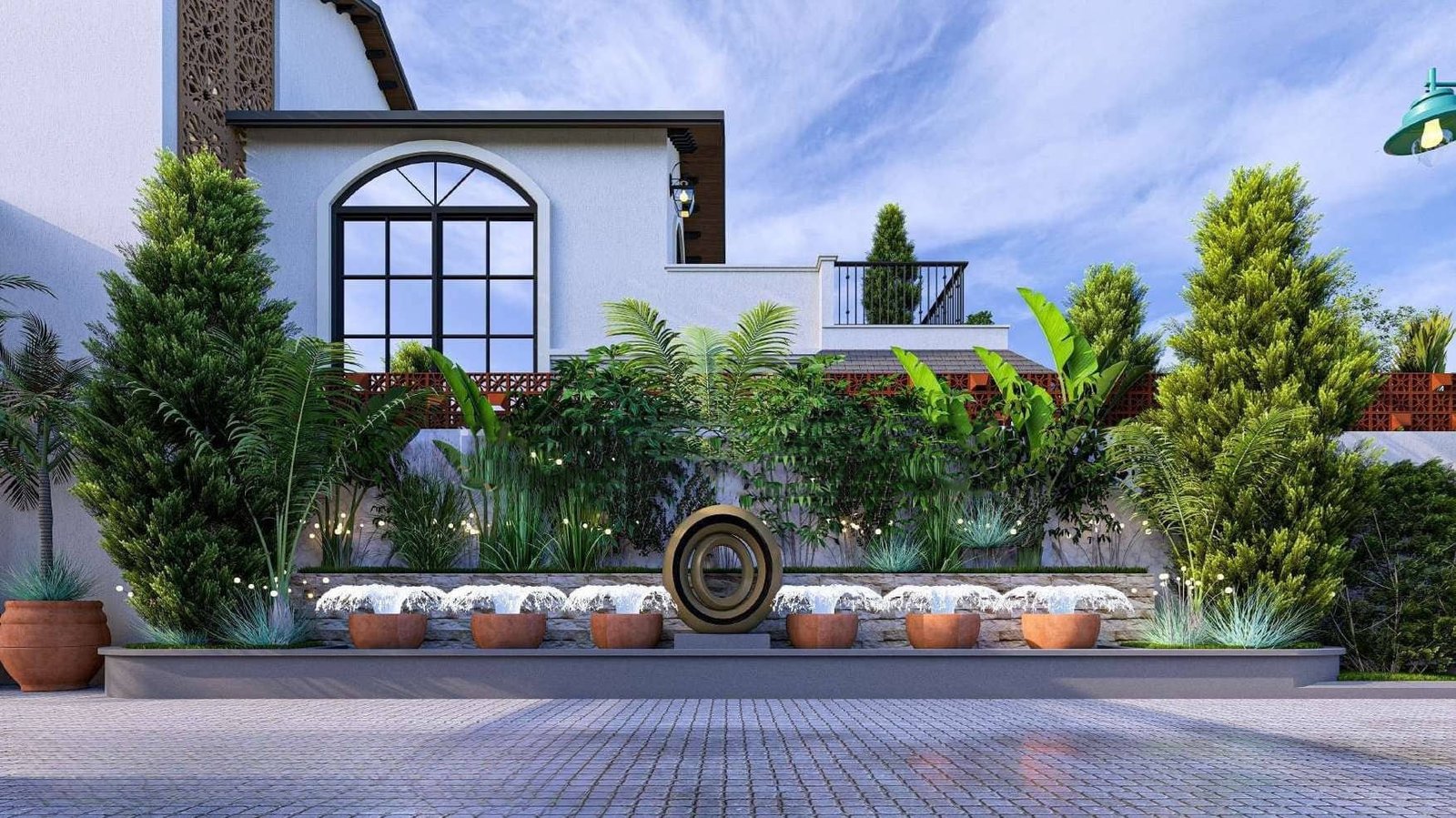 Landscaped fountain court with planting at Bagicha at Ganges