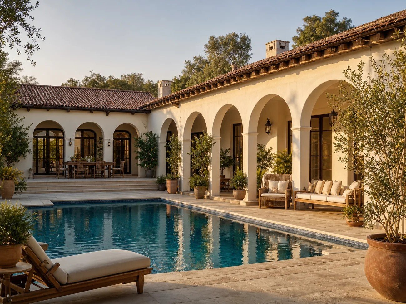 Arched courtyard and private pool at a Spanish-inspired Bagicha farmhouse