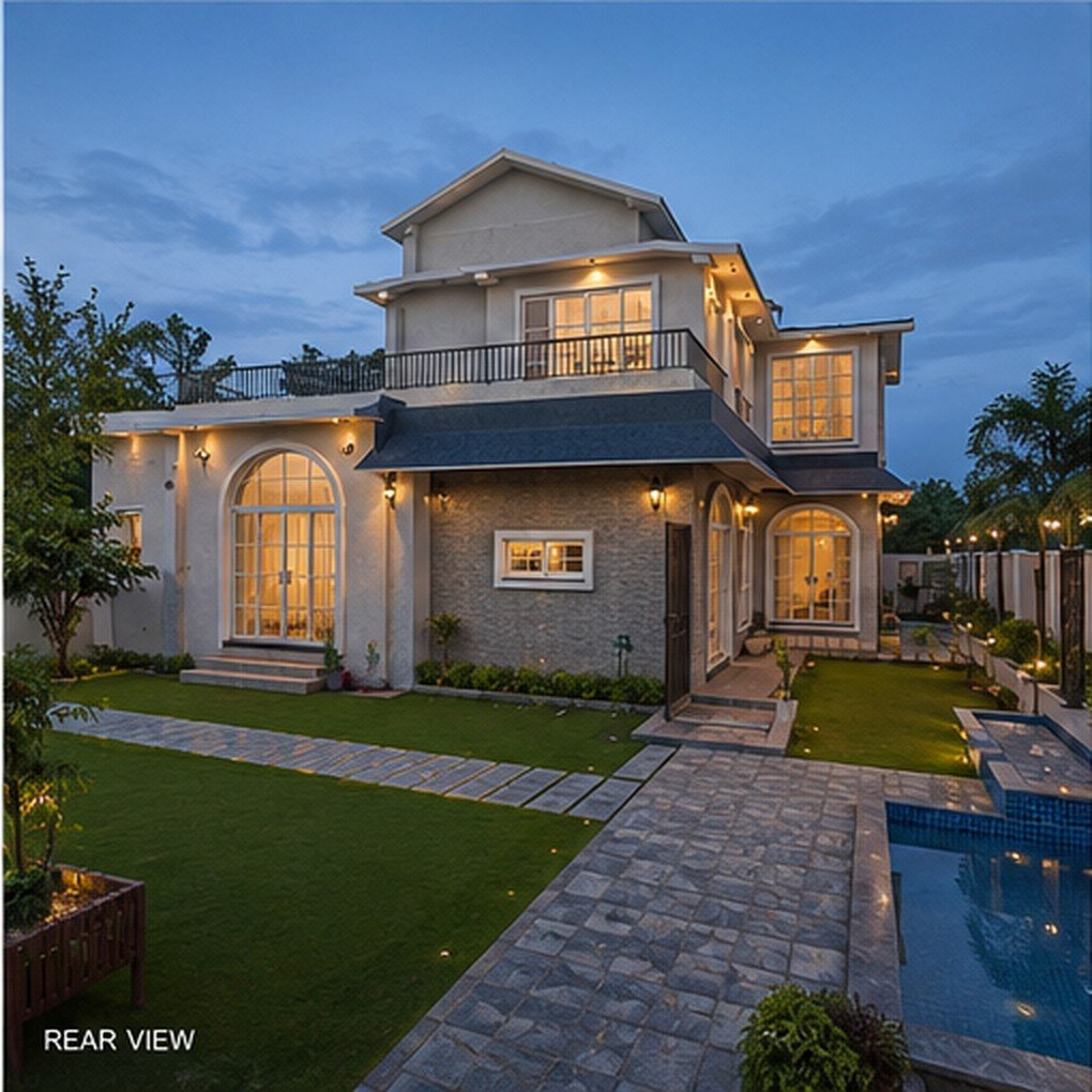 Rear elevation of a Bagicha farmhouse with outdoor lighting