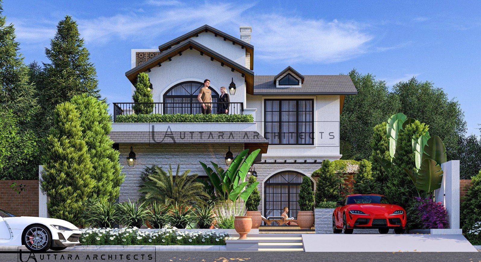 Front elevation of a Spanish-inspired Bagicha farmhouse with balcony and planted court