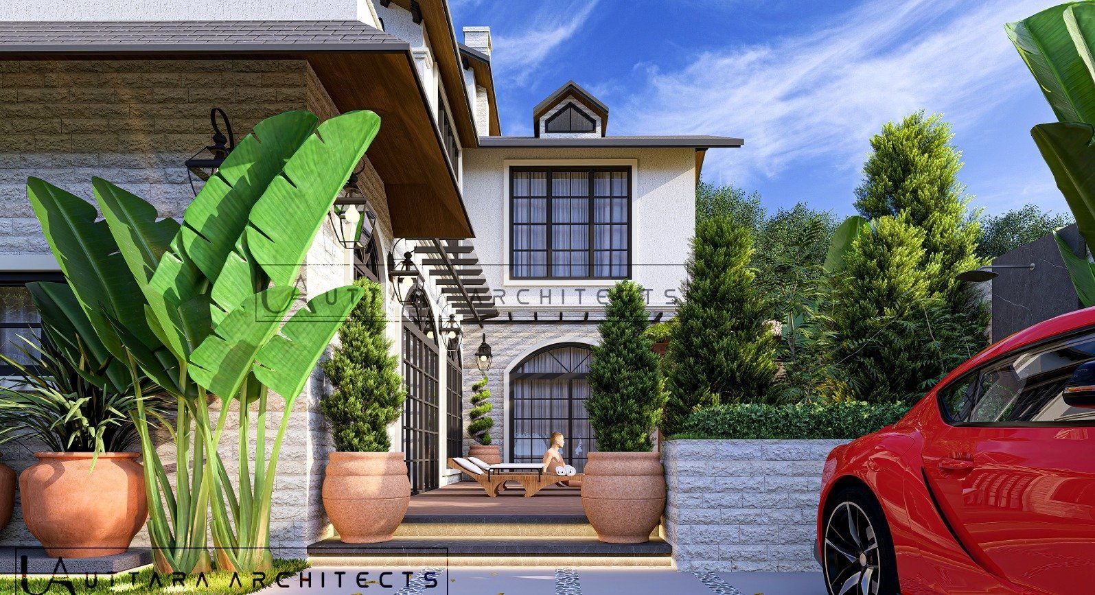 Arrival court of a Bagicha farmhouse with arched openings and planting
